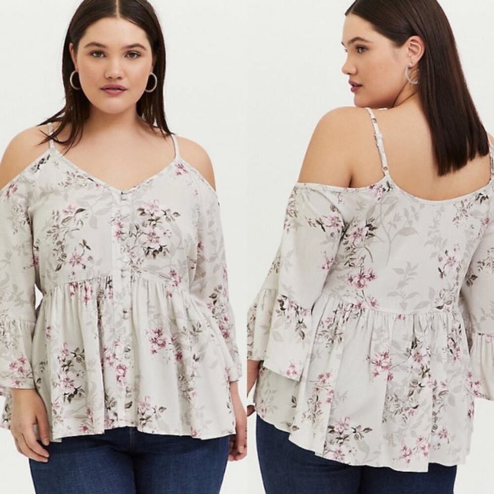 Torrid 5X Ivory‎ Floral Cold Shoulder Babydoll Top Textured Rayon Plus Size
